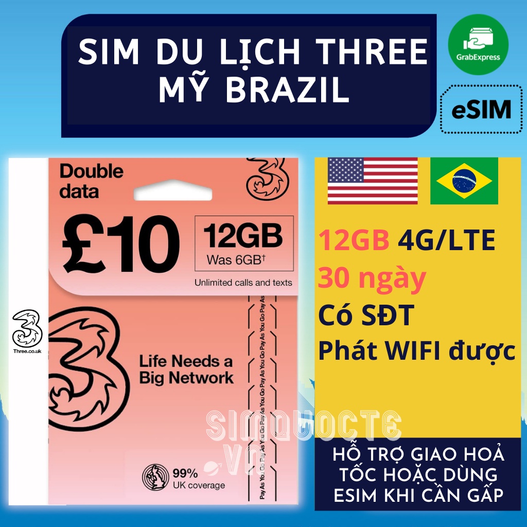 Sim Du Lịch 4G Mỹ USA Brazil 12GB 30 Ngày Hãng Three UK