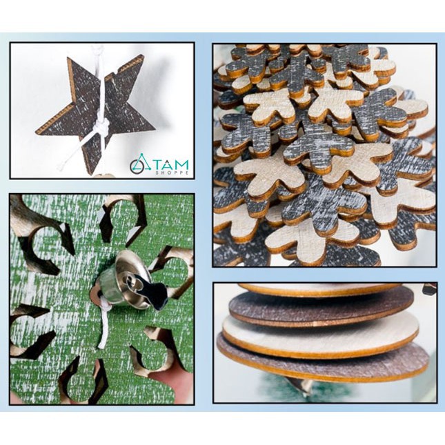 Phụ kiện treo trang trí Noel cây thông xoay bông tuyết gỗ