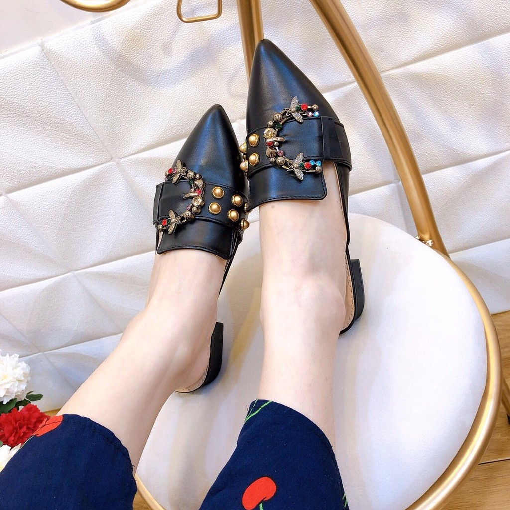 Giày sục nữ cao 2cm Bánh bèo, Giày  cao gót nữ đế vuông thời trang mũi nhọn nơ đá màu đen | BigBuy360 - bigbuy360.vn