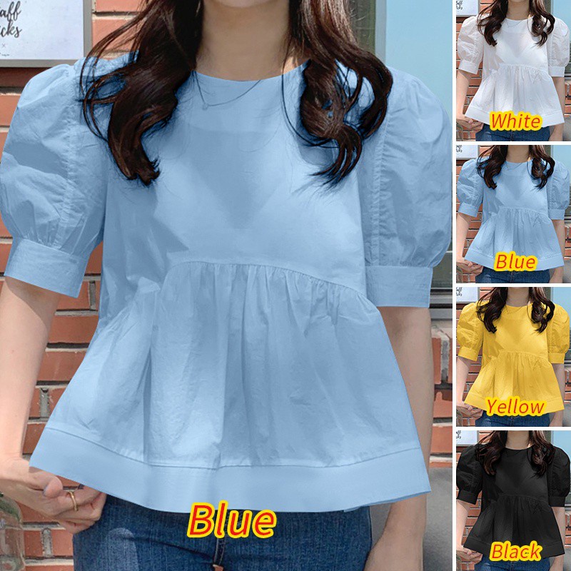 Áo nữ VONDA nửa tay áo cổ tròn màu trơn có dáng xếp ly thời trang đơn giản Hàn Quốc