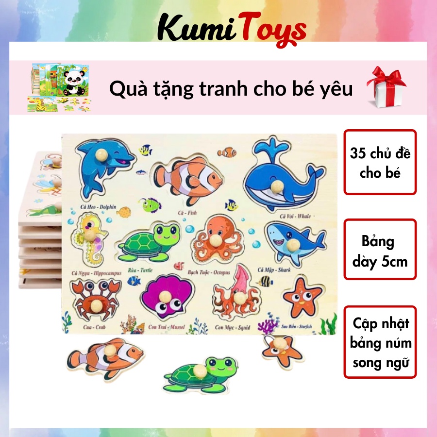 Bảng Ghép Hình Núm Gỗ Cho Bé 35 Chủ Đề loại 1 núm dày siêu đẹp Kumi toys