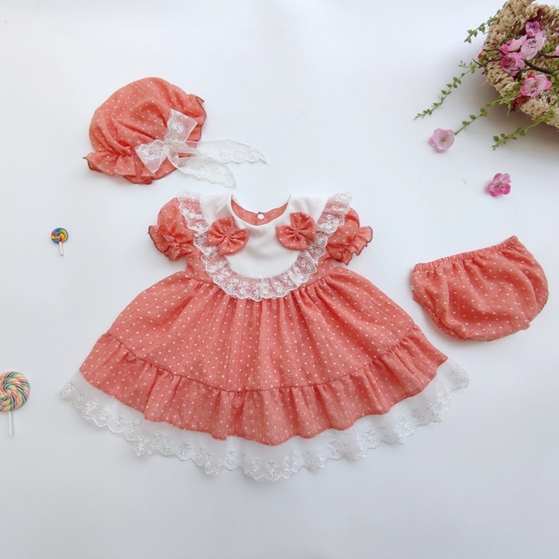 Váy Lolita Hồng Pastel Cho Bé Gái Sơ Sinh Đến 15kg, Đầm Bé Gái Chất Đũi Thông Hơi Mát Rượi [A060]