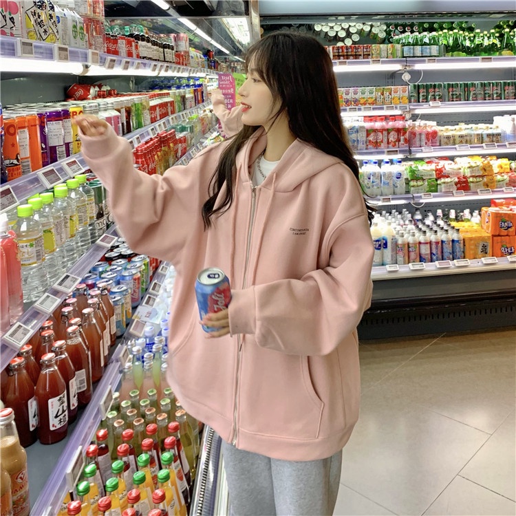 Áo Hoodie Bằng Vải Bông Dày Dặn Màu Hồng Thời Trang Hàn Quốc