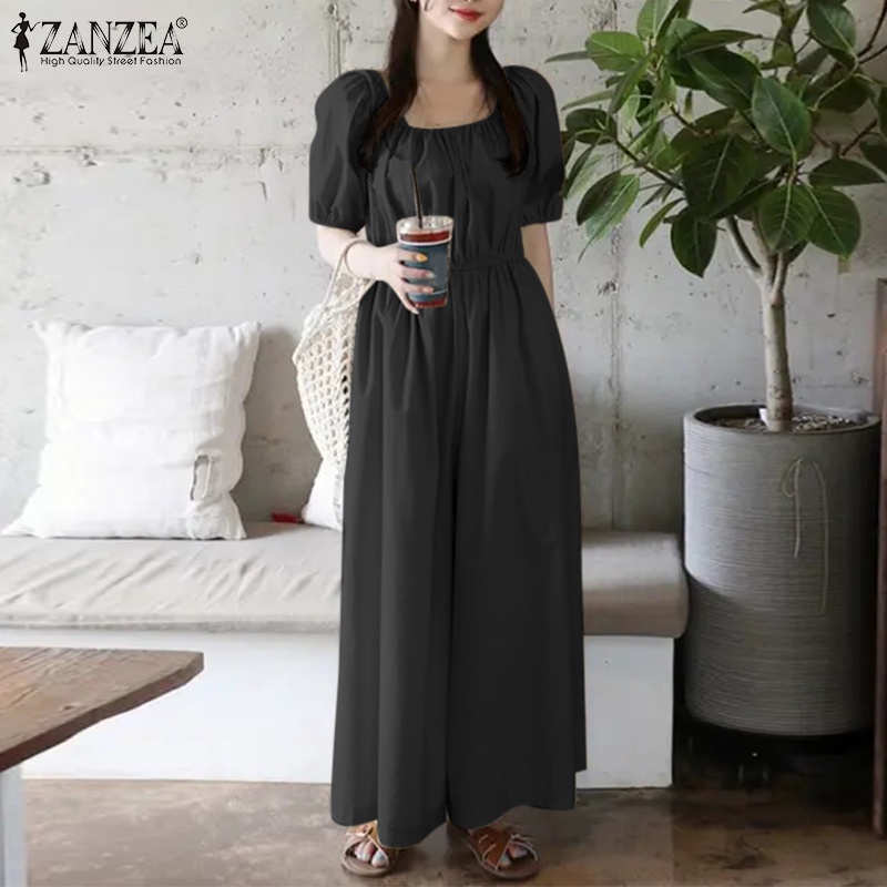 Áo liền quần ZANZEA cổ vuông tay ngắn ống rộng phong cách Hàn Quốc cho nữ