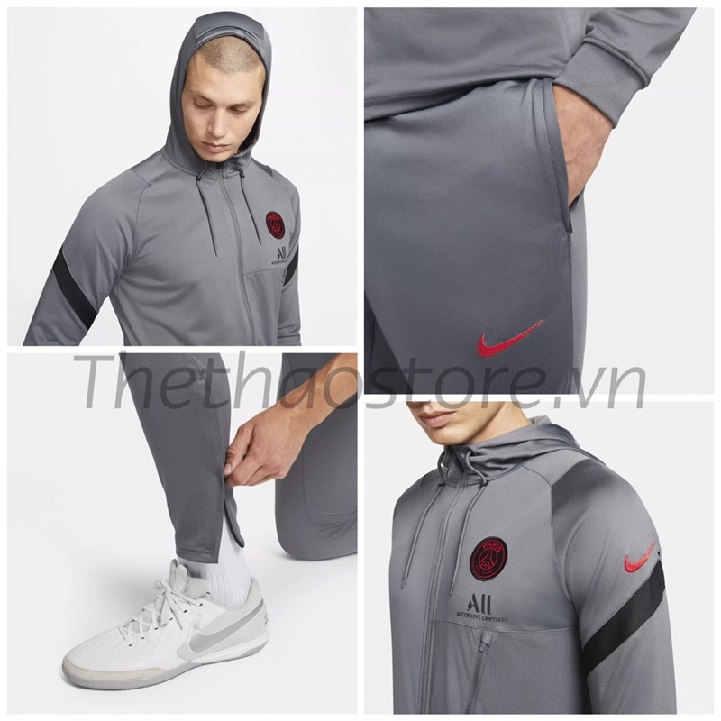 Bộ Quần Áo Thể Thao Nam Jacket + Pant NK PSG Strike Gris Rouge 2022