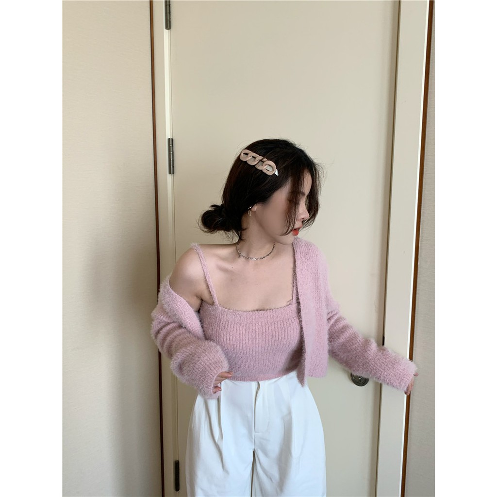 [Có sẵn] Full set Áo len lông thỏ áo khoác len cardigan và áo 2 dây len tiểu thư sang chảnh A174 | BigBuy360 - bigbuy360.vn