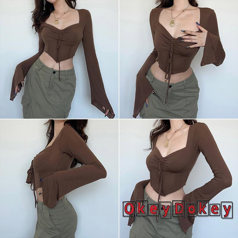 Áo thun dài tay dây rút cổ chữ V màu nâu thời trang cho nữ