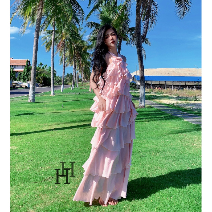 Đầm maxi tầng màu hồng, váy suông đi biển HDC98 Hỉn Hỉn Store