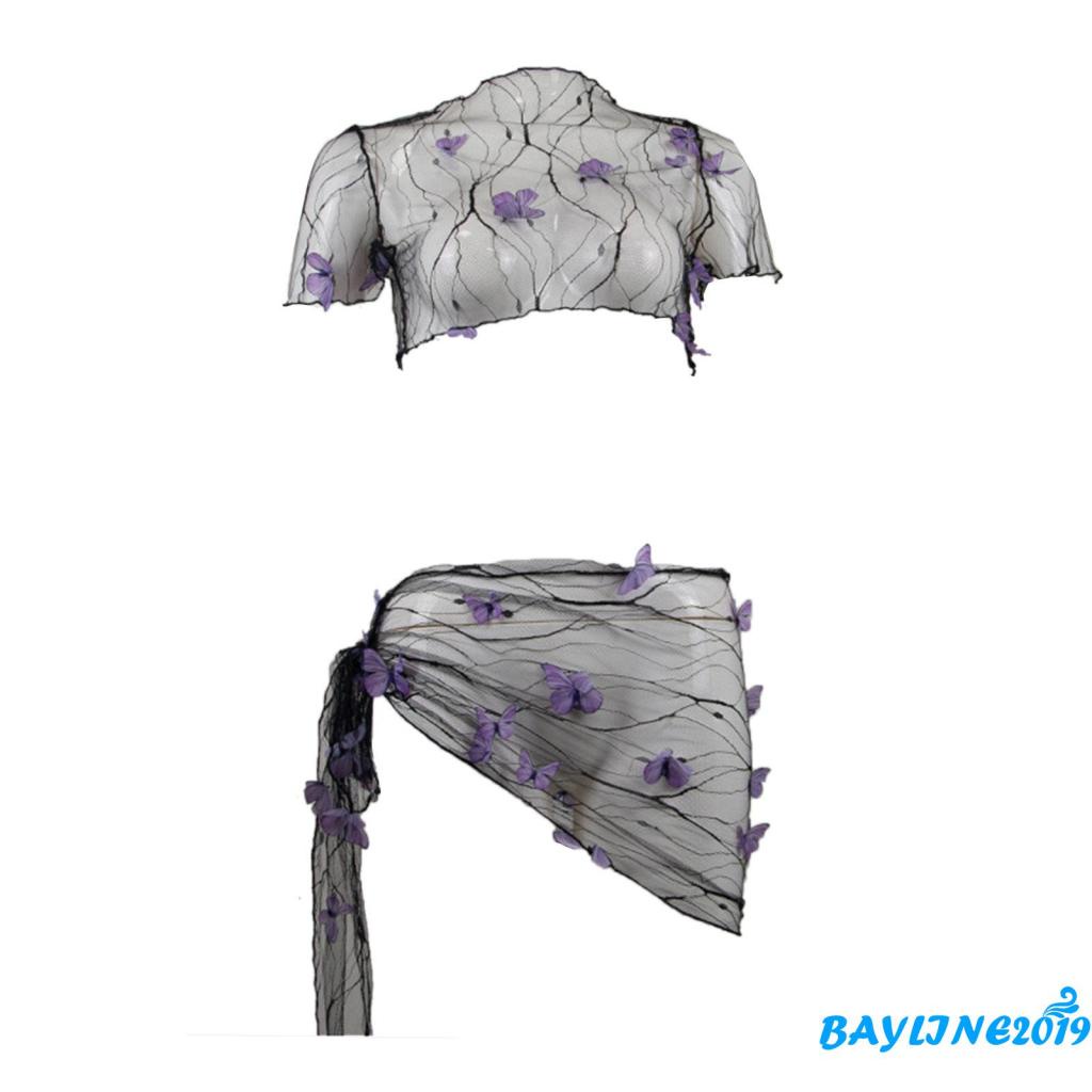 Bộ Đồ Bơi Áo Croptop Tay Ngắn Phối Chân Váy Lưới Mỏng Ba Chiều Trang Trí Hình Bướm Dành Cho Bạn Nữ