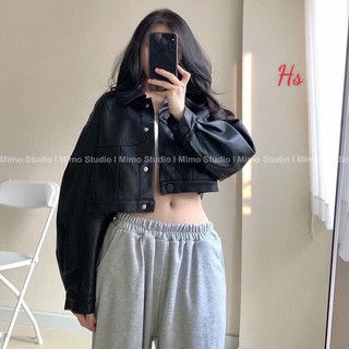 Áo khoác da croptop cúc bấm , chất vải xịn - Shop Q&V