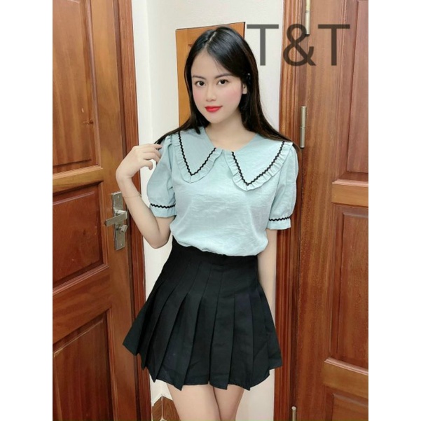 Áo Kiểu Ngắn Tay Chất Đũi Cao Cấp- Cổ Và Tay Áo Phối Viền Đen V301