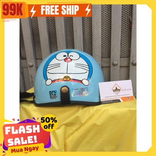 Nón Mũ bảo hiểm nửa đầu 1/2 doremon doraemon xanh dương bóng kèm chong chóng + kính phi công nhiều màu