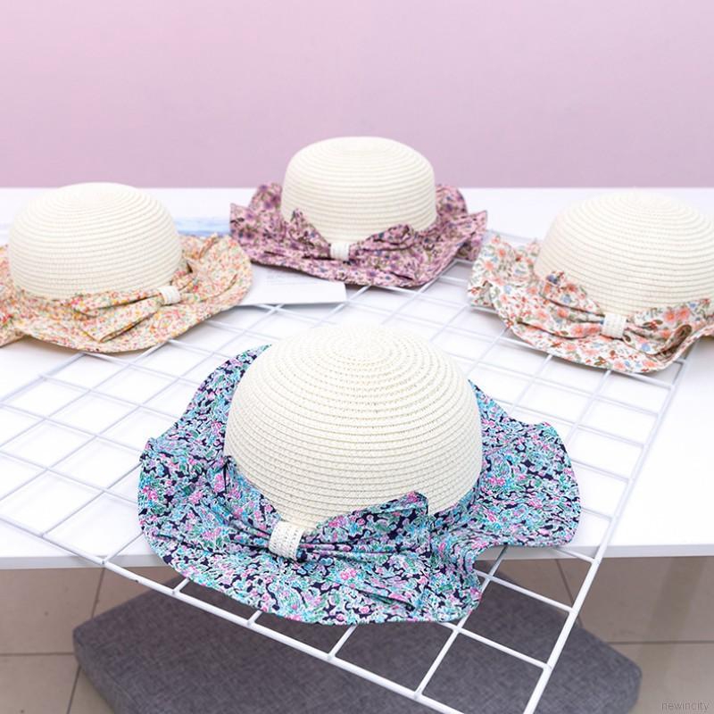 Nón cối phối nơ hoạ tiết hoa phong cách Hàn Quốc cho bé