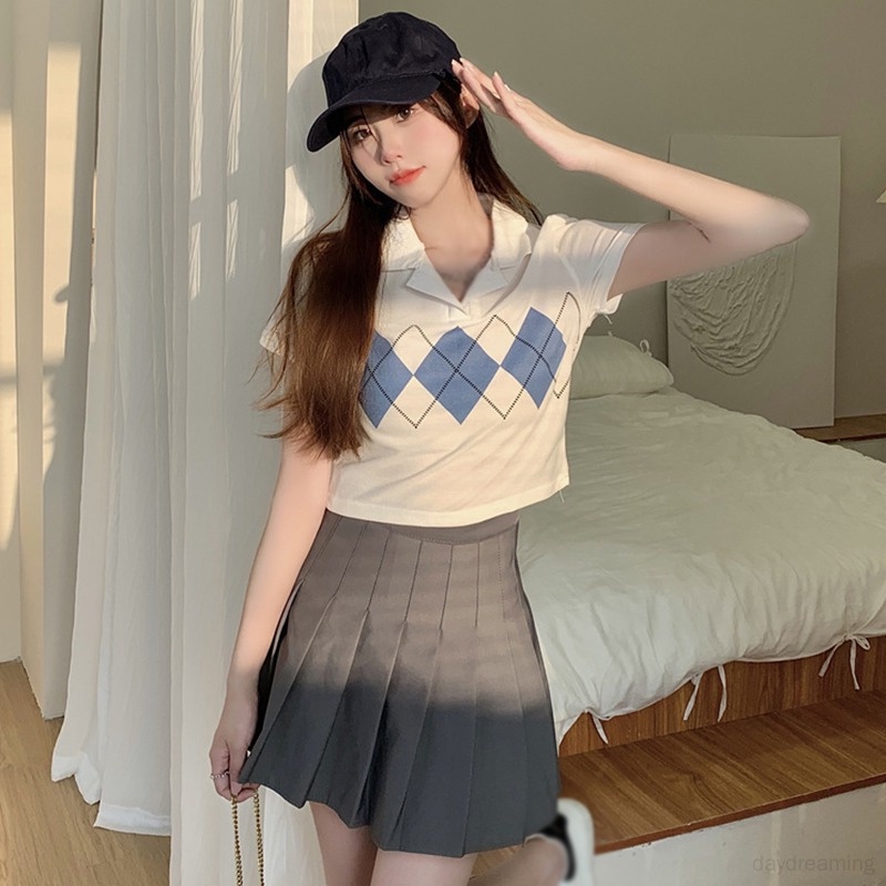 Áo Croptop Ngắn Tay Họa Tiết Hình Thoi Thời Trang Cho Nữ