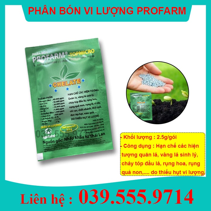 10 gói phân bón lá Siêu Vi Lượng Chelate Profarm TopMicro (2gram)- ngăn vàng lá quăn lá, rụng hoa quả non...