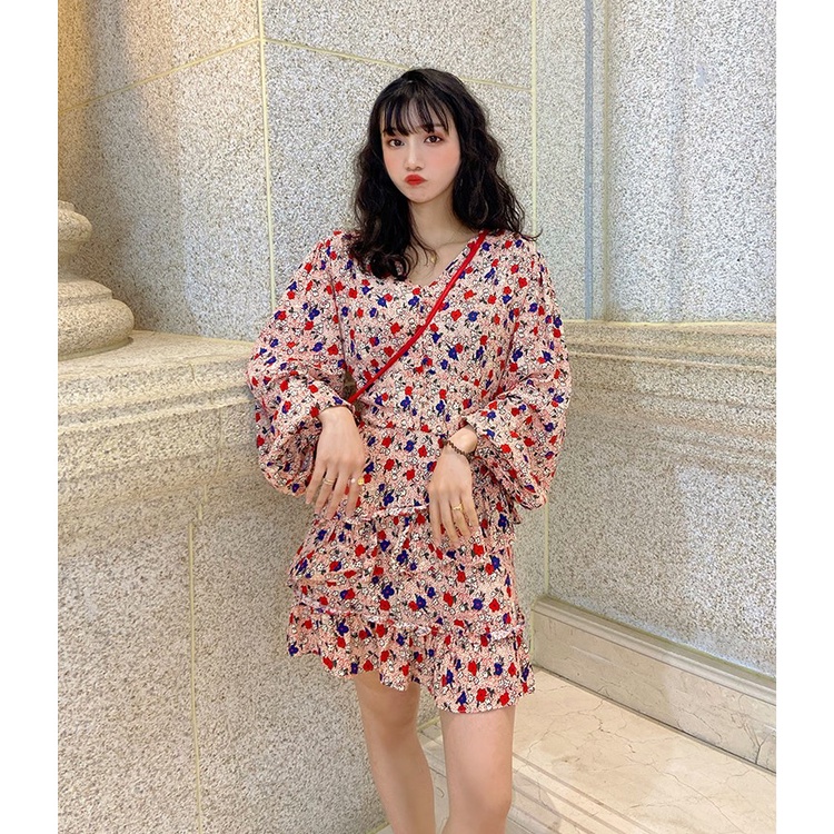 Đầm lụa hoa bi ngắn màu hồng H329 Hỉn Hỉn Store