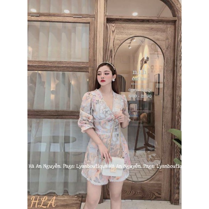 JumpSuit Hoa Viền Ren Kết Nút Cổ V ( có ảnh thật )