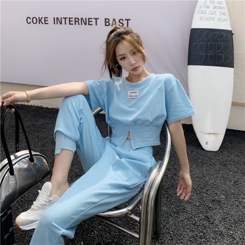 Thời Trang Set Áo Thun Tay Ngắn + Quần Lưng Cao Co Giãn In Chữ 2021 Han Joker 10 Ngày