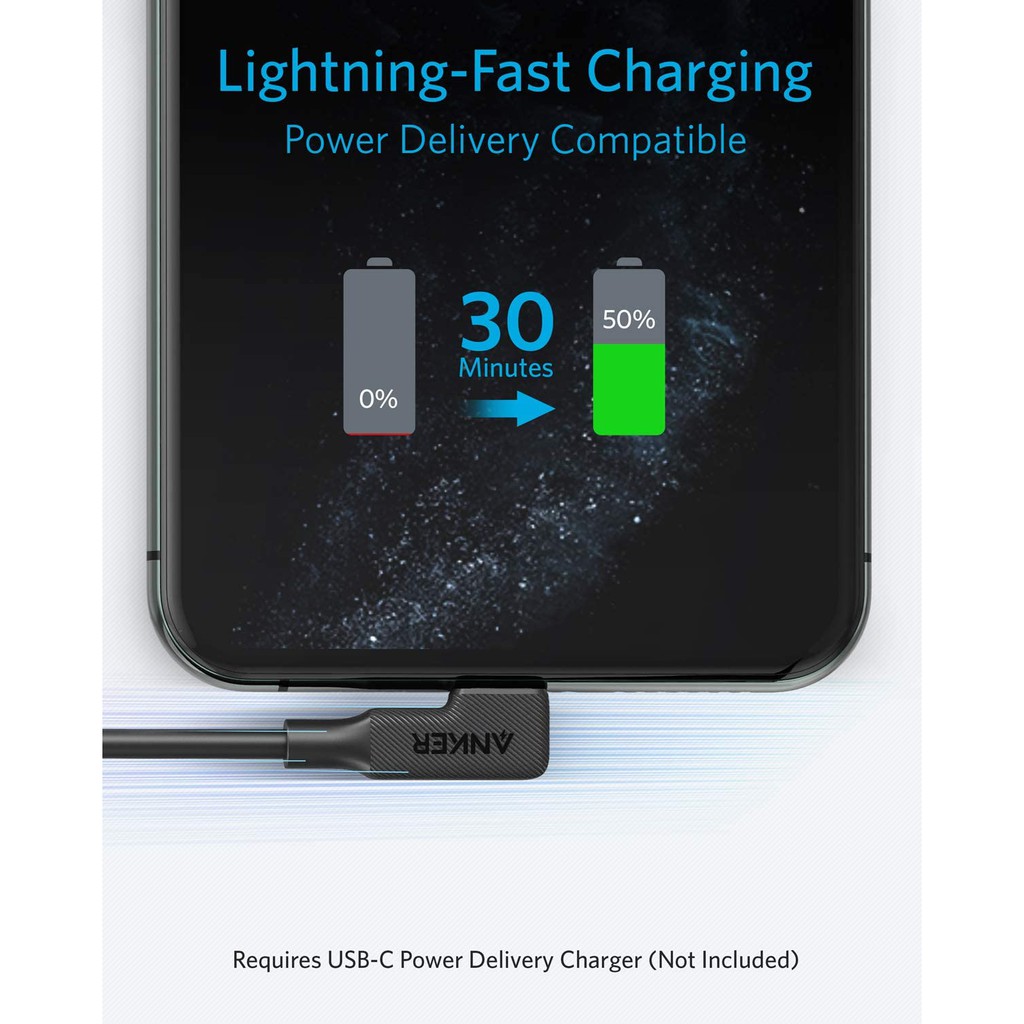 [Mã 157ELSALE hoàn 7% đơn 300K] Cáp sạc nhanh Anker 90 độ USB C - Lightning (Y2360) - [BH12T]