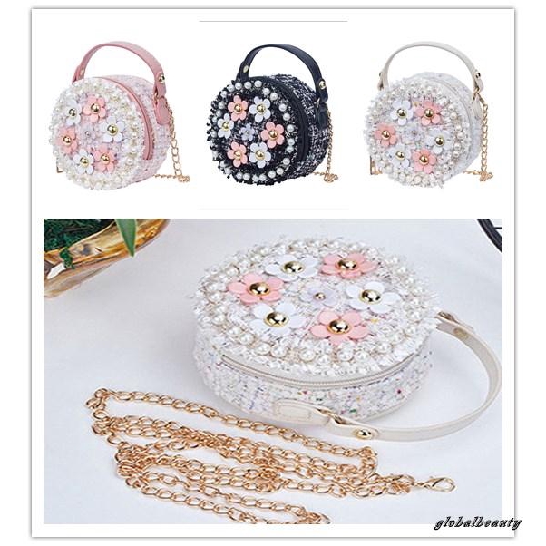 Túi đeo chéo hình tròn họa tiết hoa đính ngọc xinh xắn dành cho bé gái