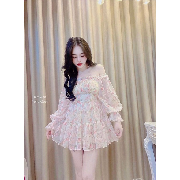 Đầm xoè voan hoa hai dây trễ vai