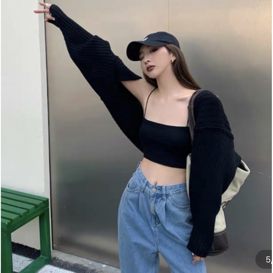 SA002 Bộ áo khoác cardigan mỏng, tay bo phồng và áo hai dây croptop ôm body sexy phong cách bánh bèo tiểu thư cute