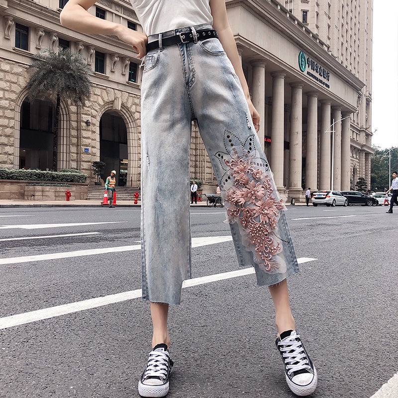 Quần Jeans Lửng Ống Rộng Lưng Cao Thêu Hoa Đính Hạt Size Lớn Cho Nữ