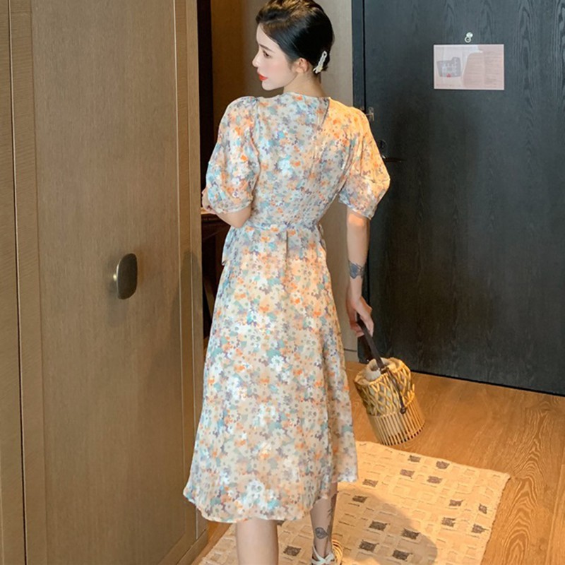 Đầm dài họa tiết hoa cổ V cho nữ