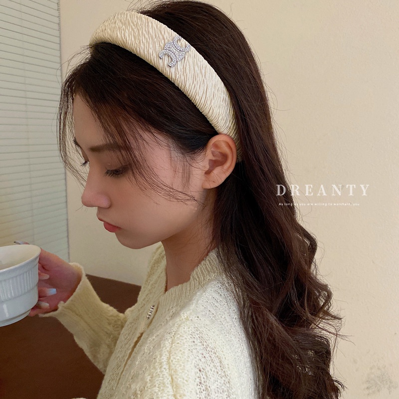 Băng Đô Cài Tóc Bản Rộng Xếp Ly Đính Kim Cương Giả Cao Cấp Phong Cách Retro Pháp Hợp Thời Trang