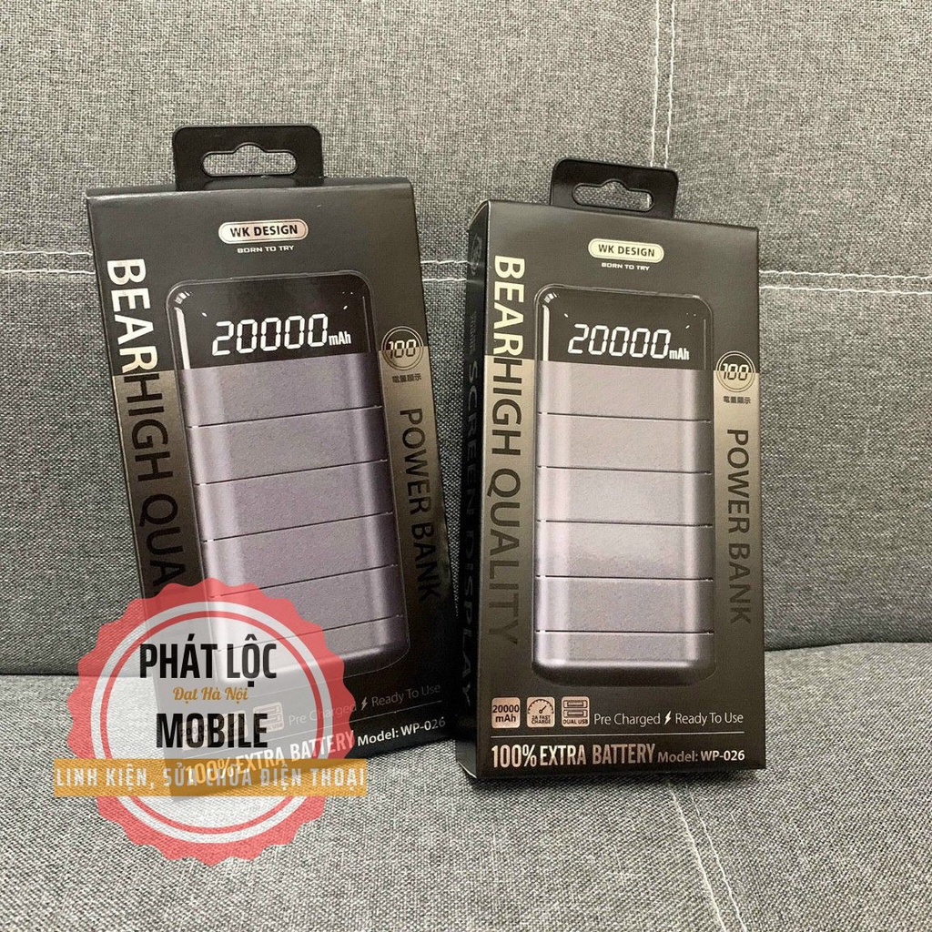 Sạc dự phòng 20000mAh Kingkong WP - 026 chính hãng WK 2 công USB bảo hành 12 tháng