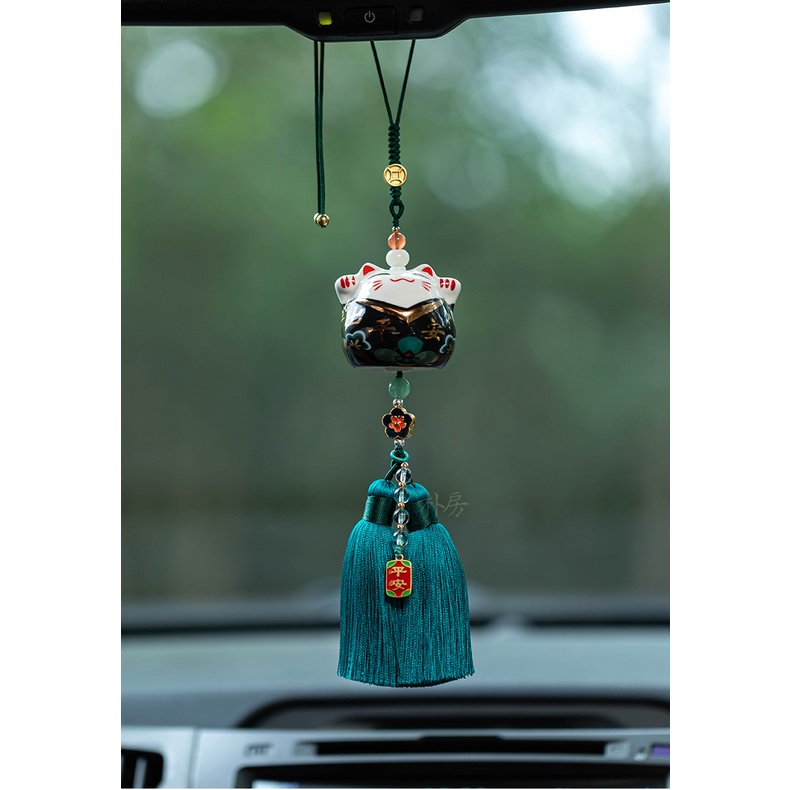 [CÓ SẴN] Dây treo xe hơi mèo thần tài may mắn gốm sứ - Dây trang trí gương chiếu hậu ôtô handmade, khánh treo xe bình an