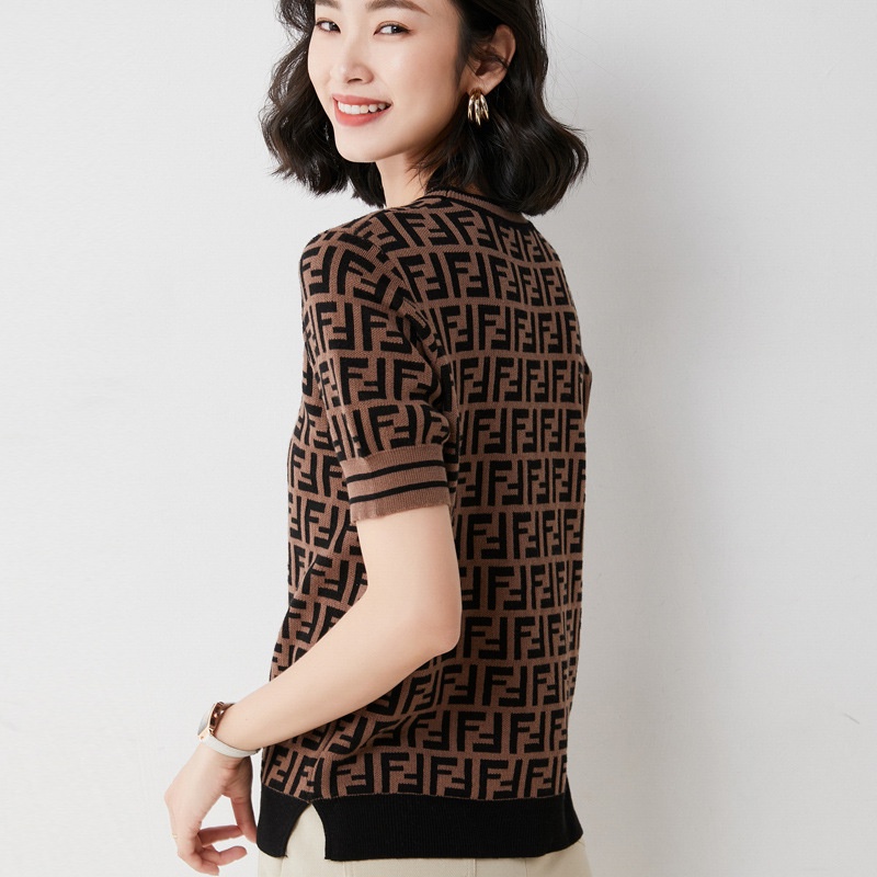 Áo Thun Dệt Kim Tay Ngắn Cổ Tròn Họa Tiết Kẻ Sọc Phong Cách Retro Thời Trang Mùa Hè Cho Nữ