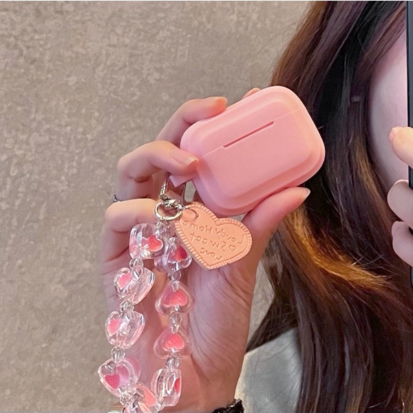 Vỏ bọc TPU mềm bảo vệ hộp sạc tai nghe airpods 1/2 pro bluetooth màu hồng phối dây đeo dễ thương