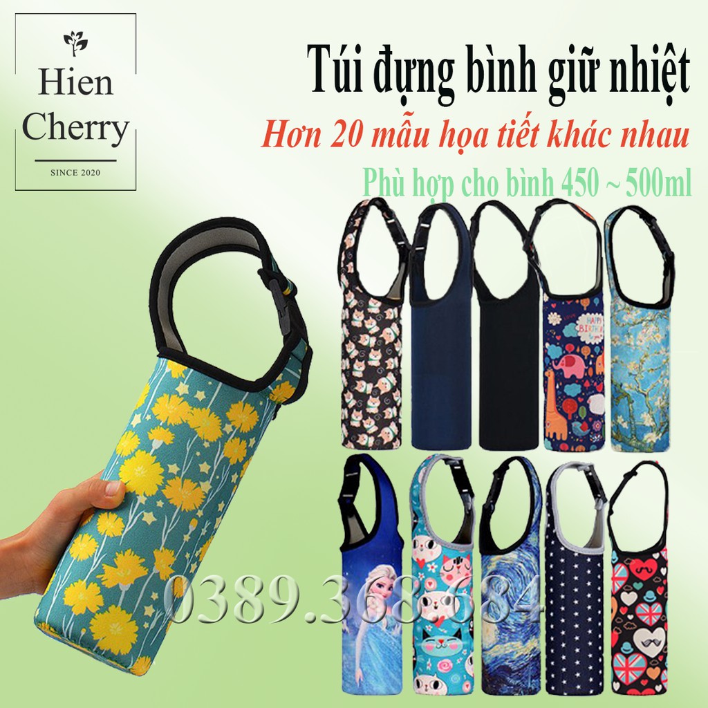 Túi đựng bình nước, túi đựng bình giữ nhiệt 500ml vải chống thấm, chống va đập có quai đeo + Mua kèm dây nối dài