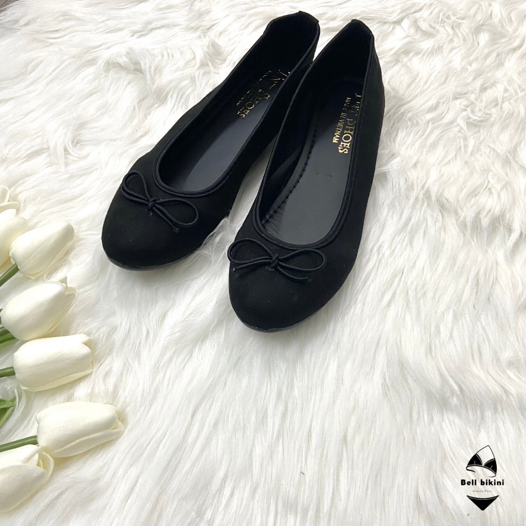 Giày Búp Bê Nữ Đế Bằng Mũi Tròn Dây Nơ Đen Trơn Siêu Xinh - Giày Đế Bệt Nhung Bít Mũi Phong Cách Đơn Giản - BB - G010