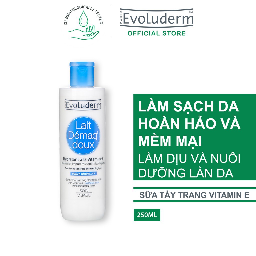 [Mã COSCOCOT4 -8% đơn 250K] Tẩy trang Evoluderm dạng sữa bổ sung Vitamin E dành cho da thường 250ml