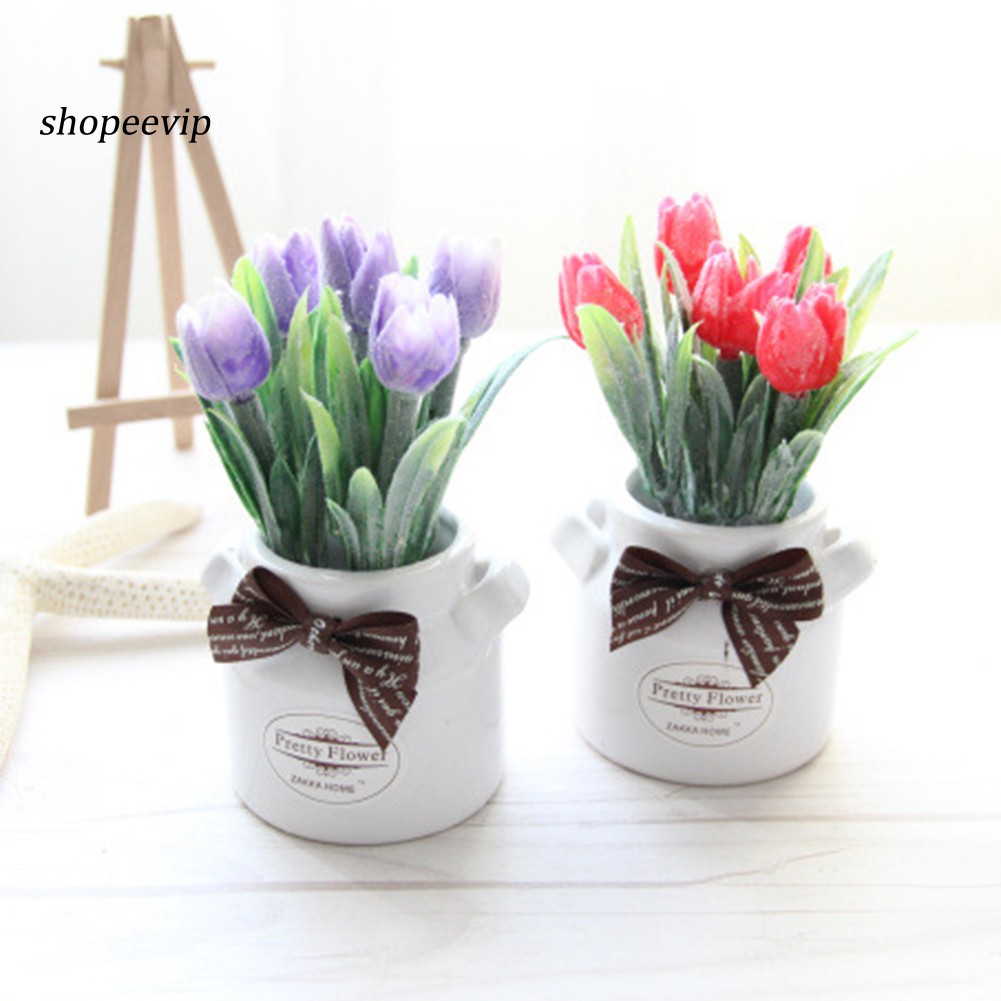 Bộ Chậu Hoa Tulip Giả Kèm Nơ Xinh Xắn Dùng Để Trang Trí Độc Đáo