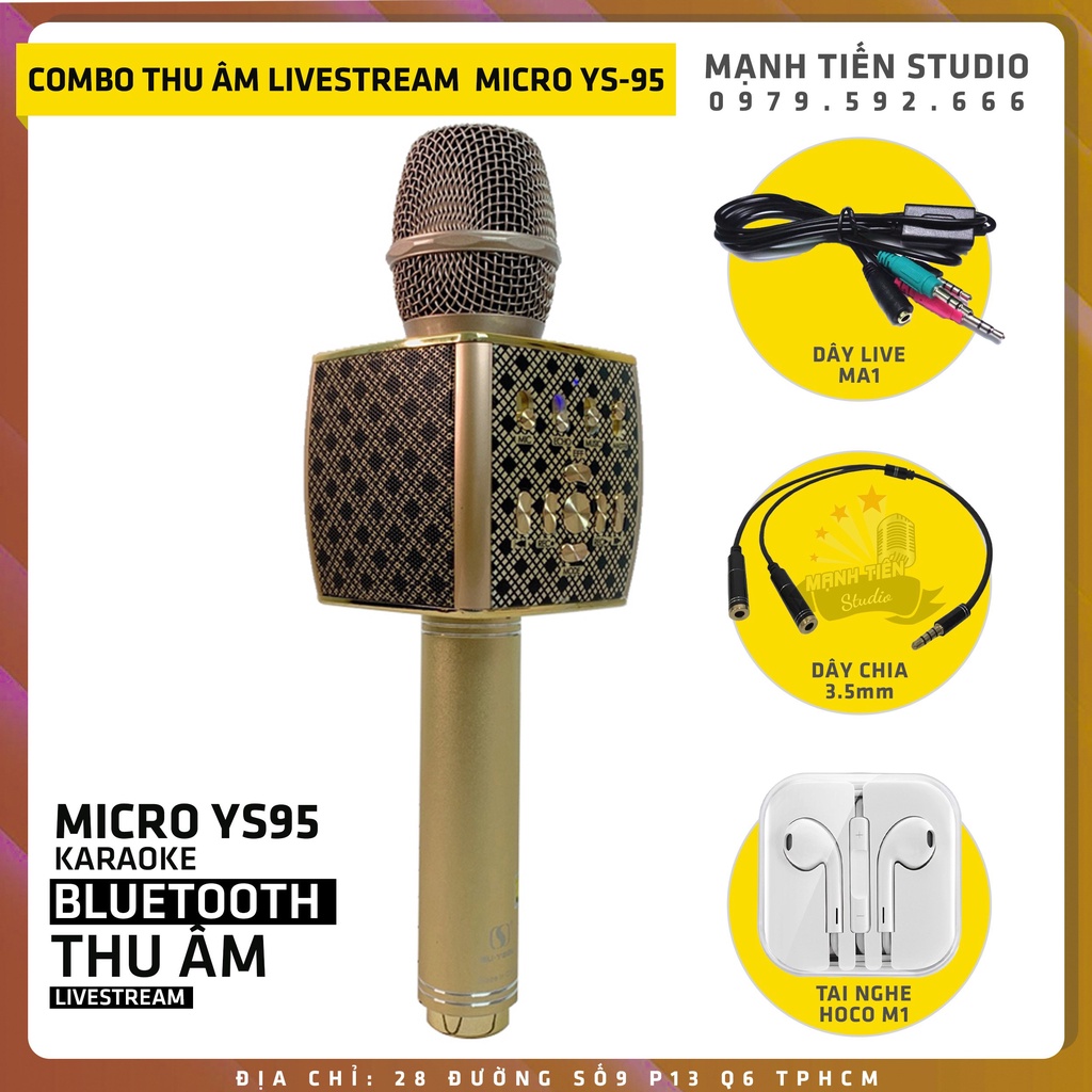 Combo Micro bluetooth Karaoke YS95 - Vừa hát vừa Livestream &amp; Thu âm tặng kèm Ma1 - dây chia tai nghe - tai phone