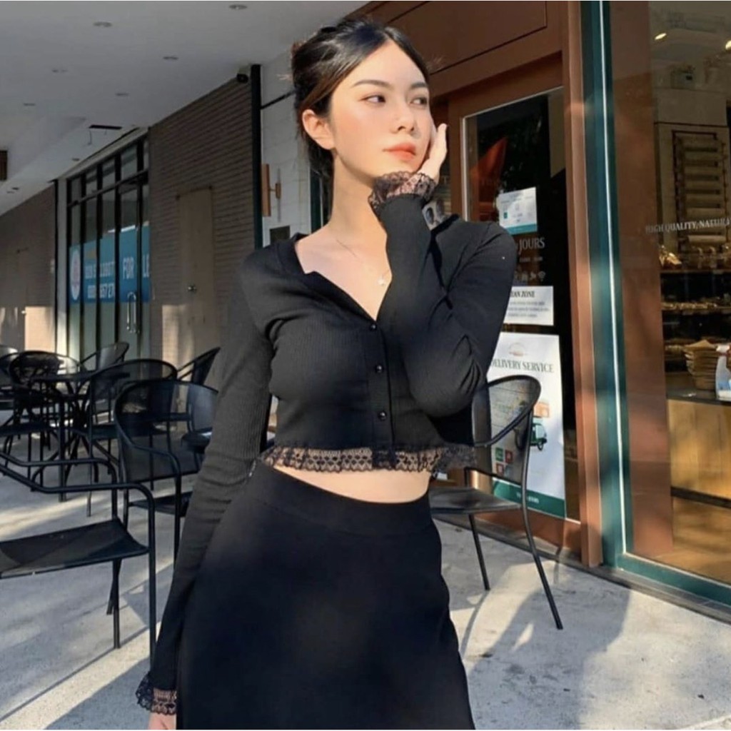 Áo thun tăm phối ren dáng ngắn nữ - Croptop tay dài cổ tim bánh bèo tiểu thư phông trắng SIÊU ĐẸP