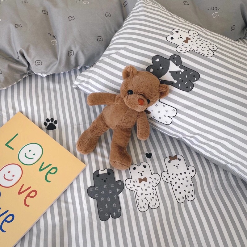 Bộ Chăn Ga Gối ❤️ Cotton living 100% cao cấp đủ size đệm ga giường họa tiết gấu đáng yêu phong cách Hàn Quốc chính hãng