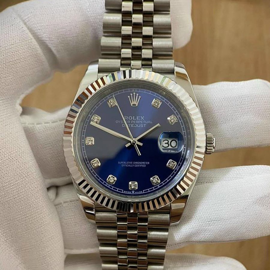 Đồng hồ Nam Rolex máy nhật, mẫu classic, mặt xanh viền trắng đính đá, dây kim loại, dòng cơ Automatic size-40mm
