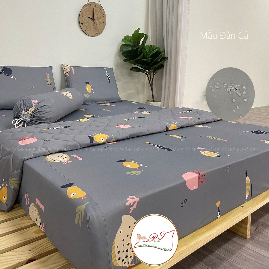 Bộ ga chống thấm cotton cho bé, drap chống thấm nước cao cấp kèm vỏ gối đầu và vỏ gối ôm mềm mịn mát (mẫu đàn cá)