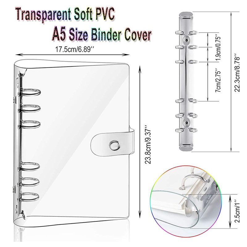 Bộ 2 vỏ bọc sổ tay khổ A6 bằng PVC trong suốt 6 vòng màu cầu vồng