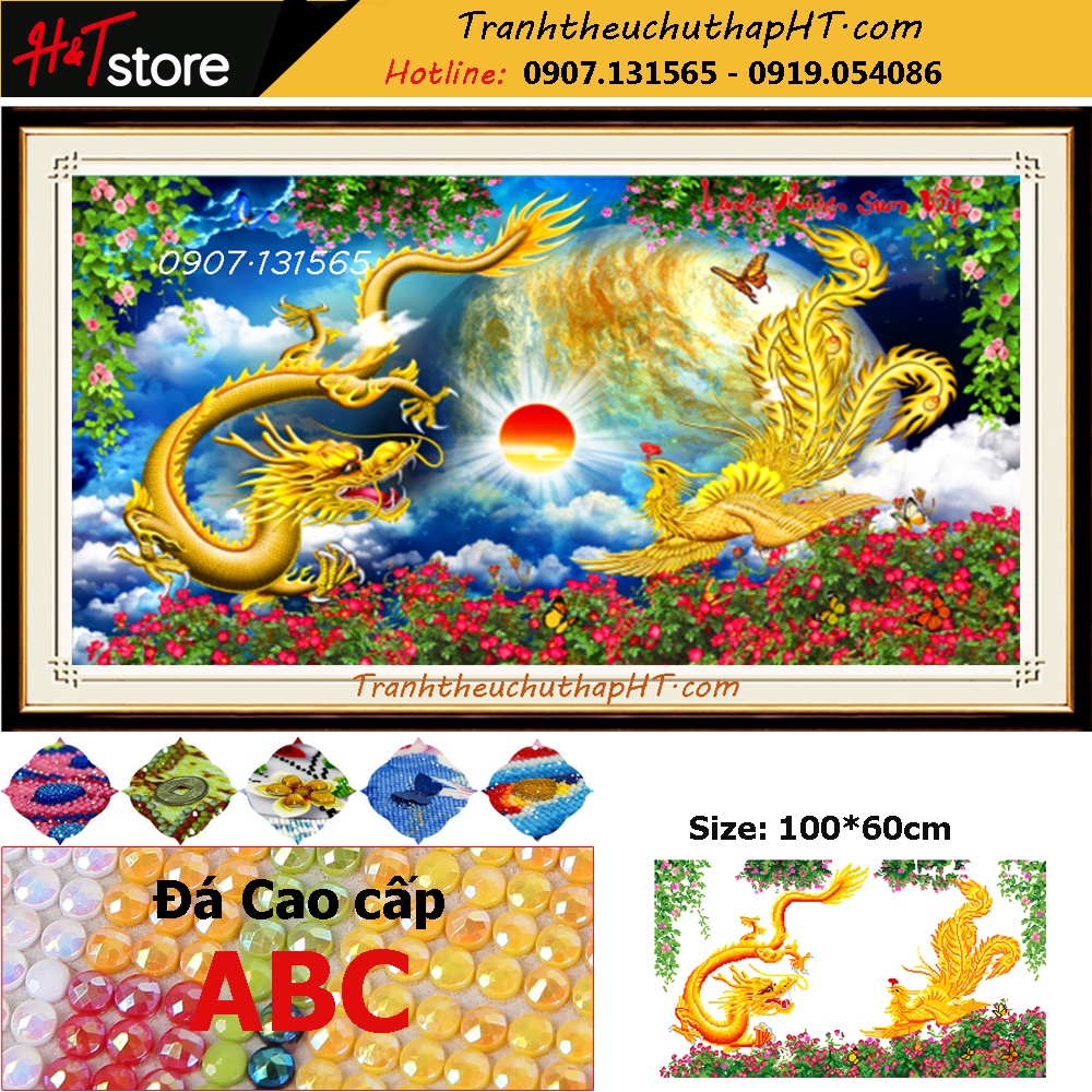 Tranh đính đá - Tranh thêu chữ thập Long phụng sum vầy 100*60cm - Chưa thêu