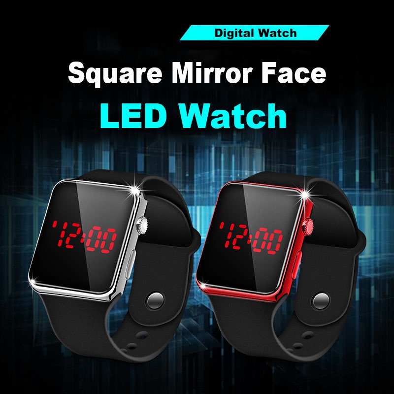 Đồng Hồ Điện Tử Mặt Vuông Dây Silicon Khung Kim Loại Đèn LED Ấm Áp Màu Đỏ Mới