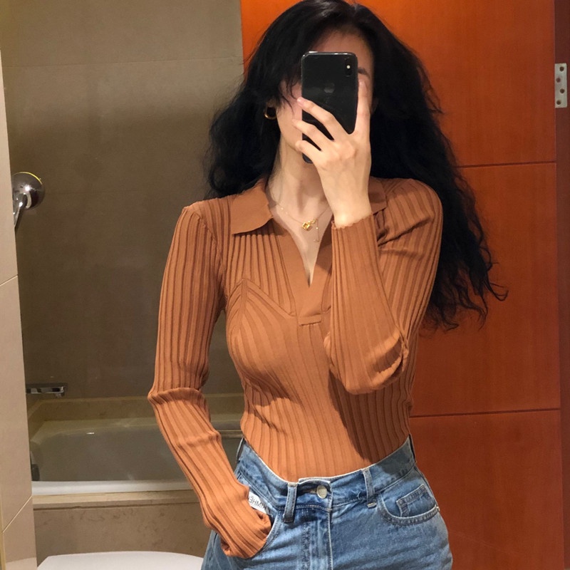 Áo polo dệt kim tay dài màu sắc đơn giản phong cách Hàn Quốc