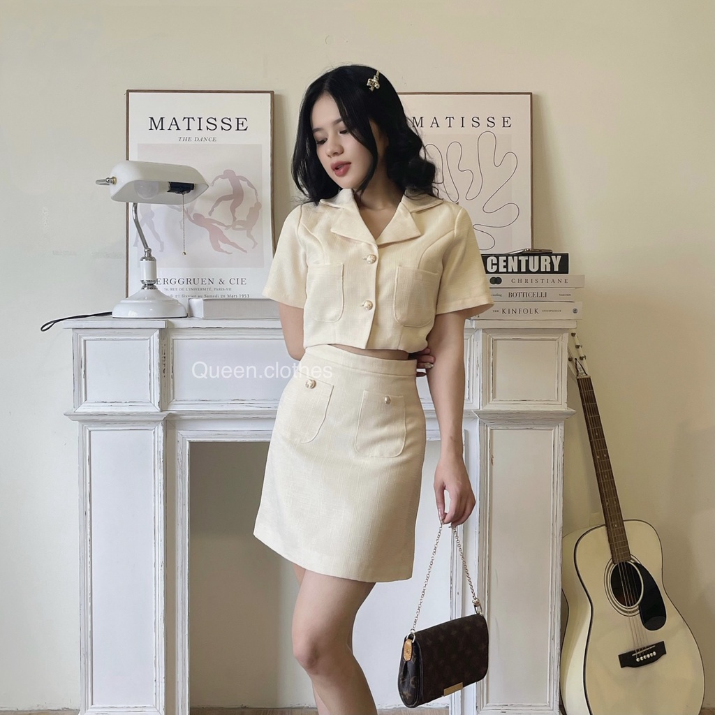 Set áo vest tay ngắn blazer croptop mix chân váy chữ A QUEEN CLOTHES chất linen bố gân có lót bên trong - LUNA SET QS001
