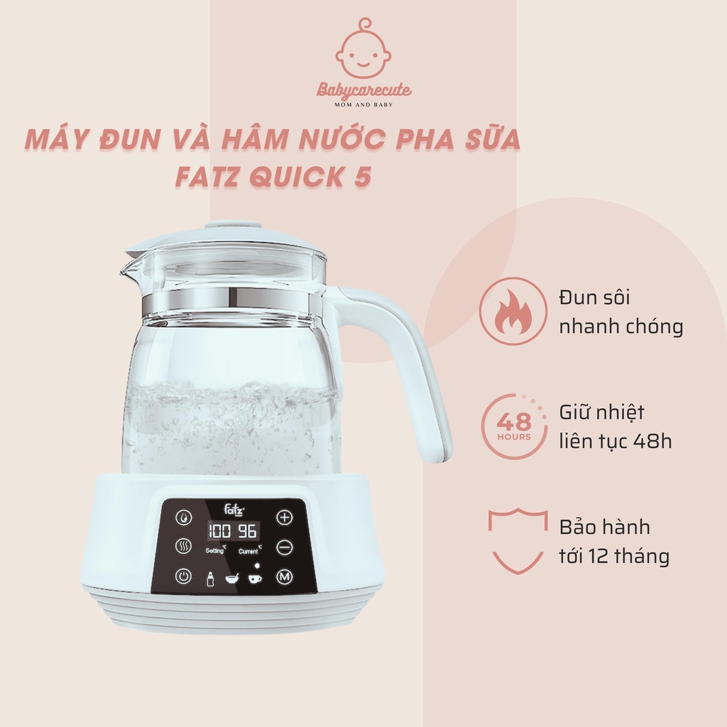 Máy đun và hâm nước pha sữa FatzBaby Quick 5 giữ nhiệt liên tục 48h khử khuẩn cảm ứng dung tích 1,2 lít