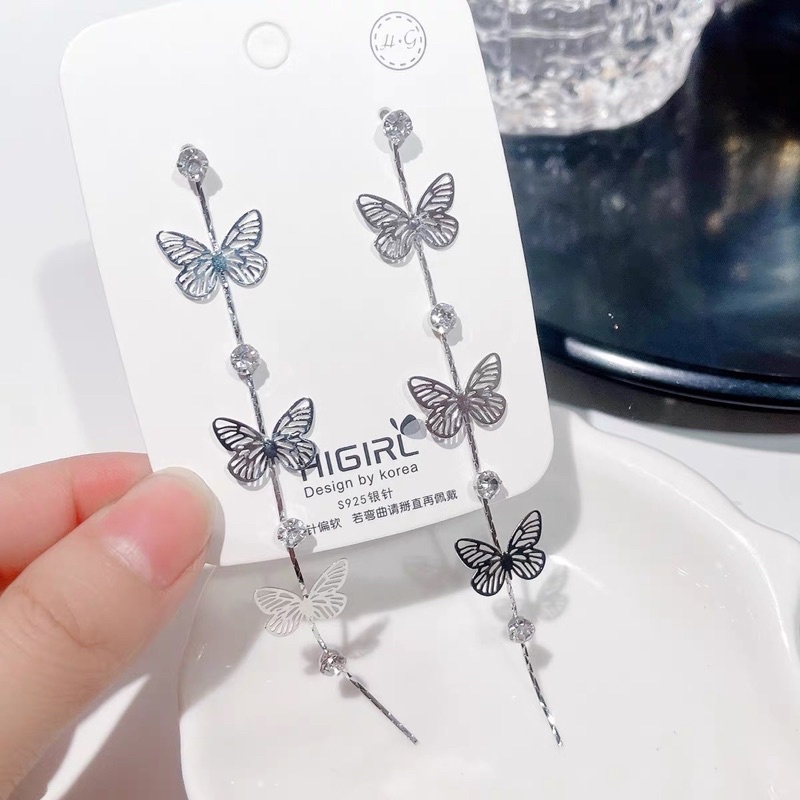 bông tai dây dài hình hồ điệp , khuyên tai thả dài phong cách hàn quốc