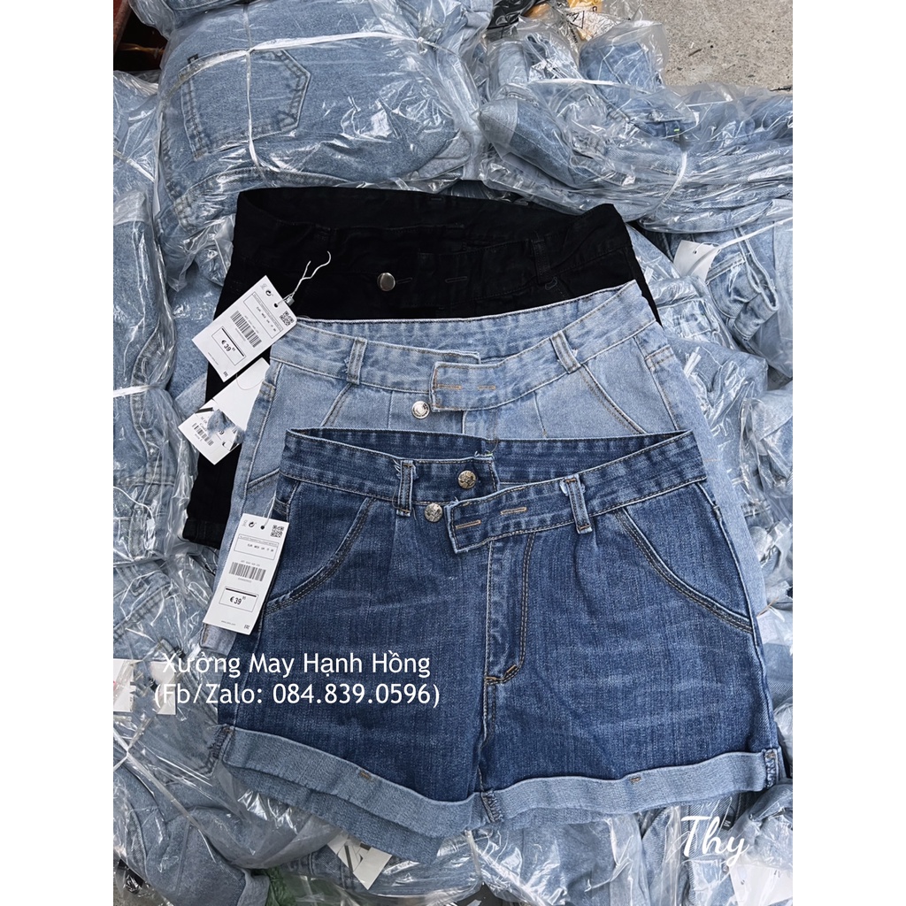 Quần short bò vạt lệch loại 1, Quần short jeans ngố bò 2 khuy ống rộng cá tính